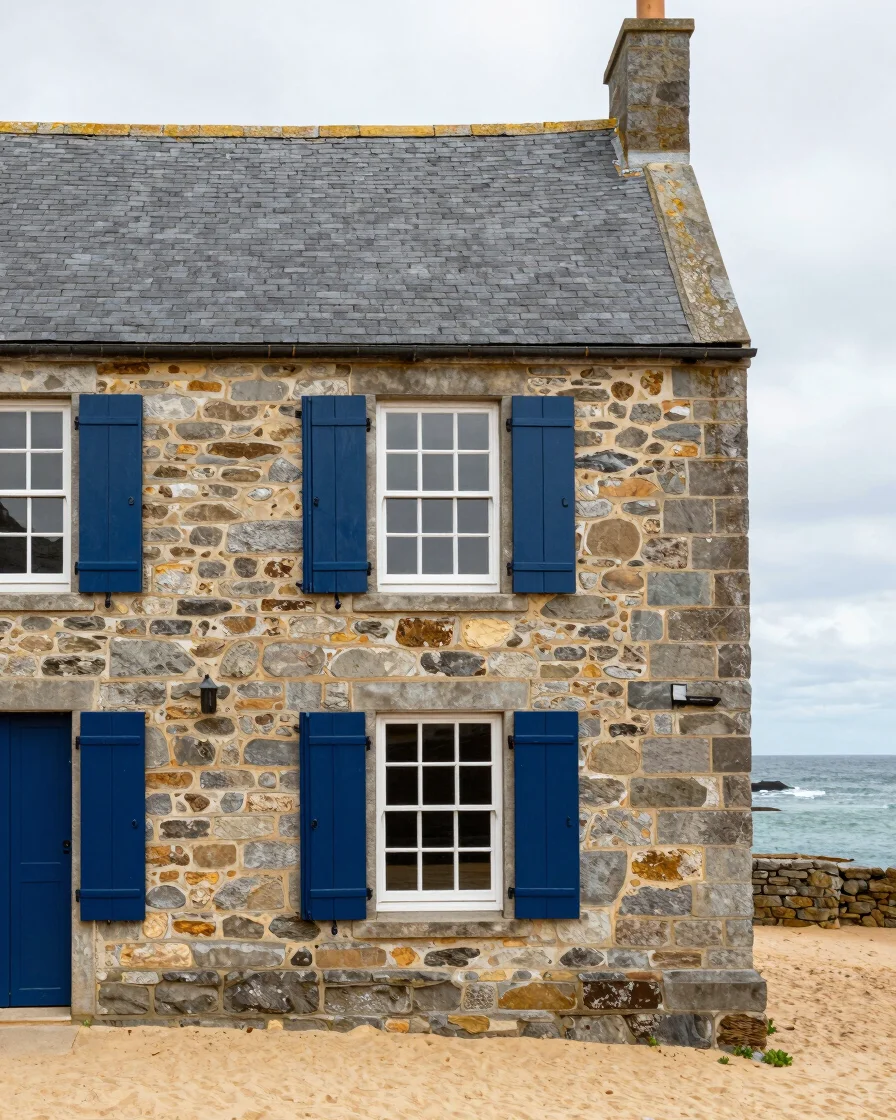 Authentic Breton cut stone coastal cottage facade overlooking the