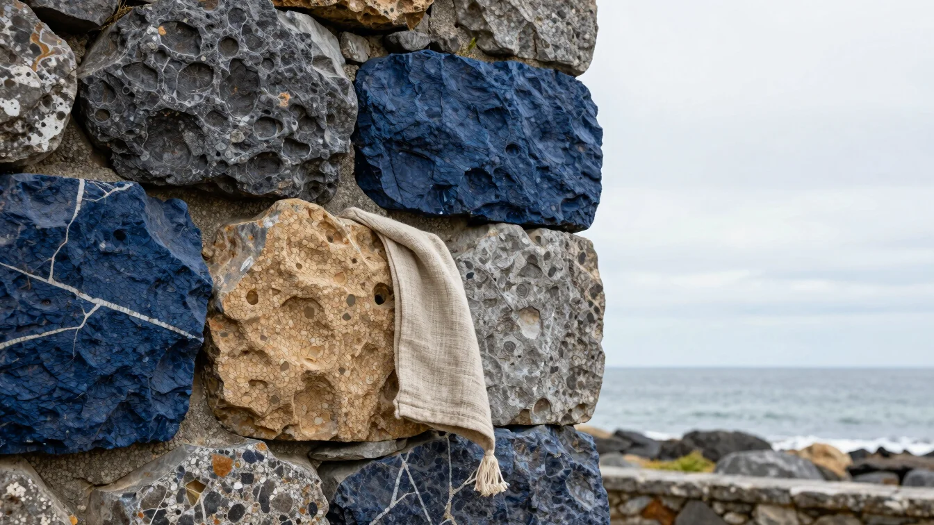 Close up of authentic Breton granite cut stone wall with warm lin