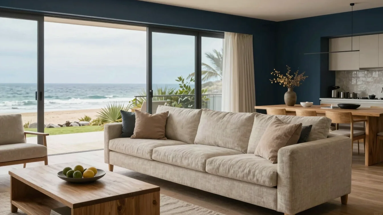 Luminous modern interior living room with natural linen sofa, lig