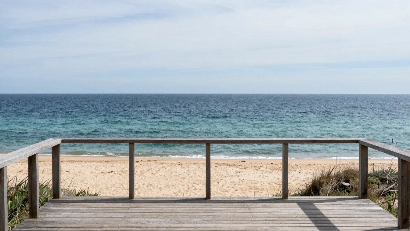 Panoramic sea view from a wooden terrace overlooking the Breton c