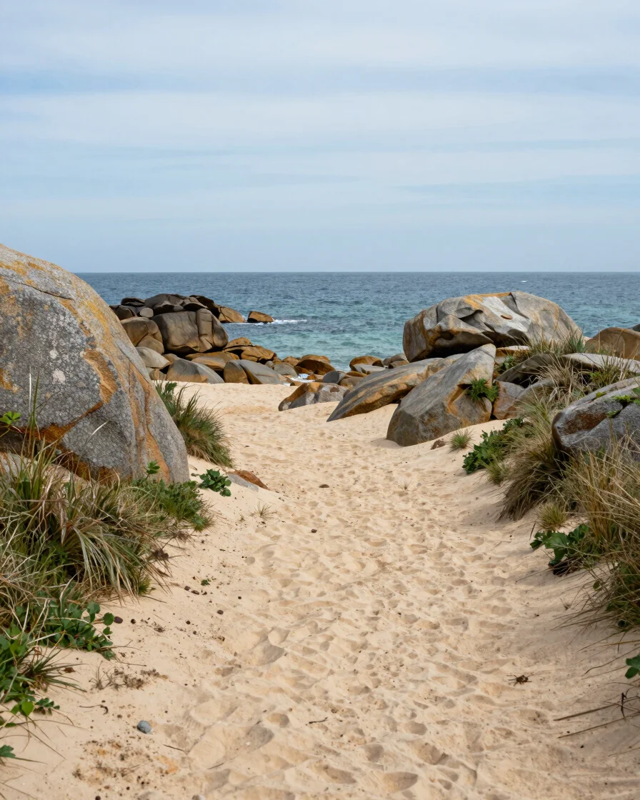 Portrait orientation of a serene Breton coastal path leading toward the sea, soft natural light, warm sand and granite r