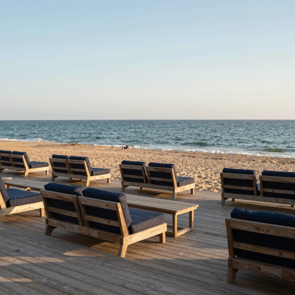 Terrasse aménagée avec mobilier en bois, face à l'océan Atlantiqu