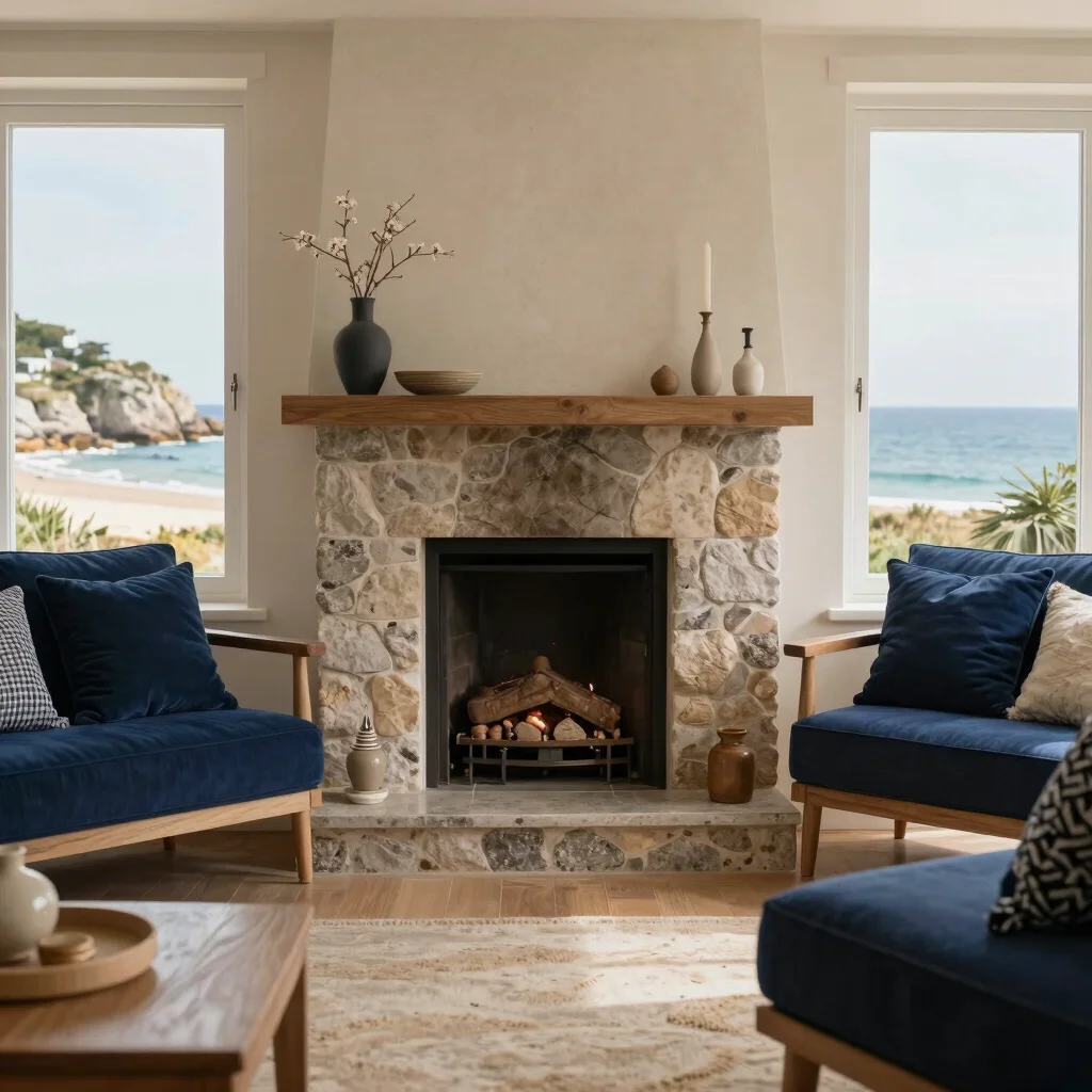Détail d'un salon confortable avec cheminée en granit et coussins